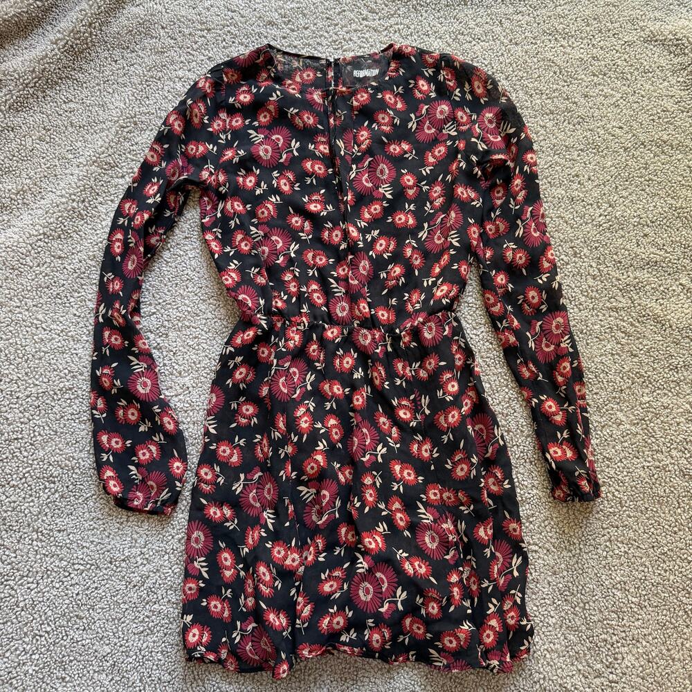 Reformation Black Red Floral Print Long Sleeve Mini Dress Size 0